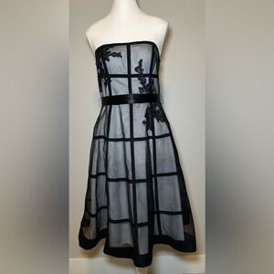 Aidan‎ Mattox cocktail dress black white grey gray ribbon floral embroidered 2